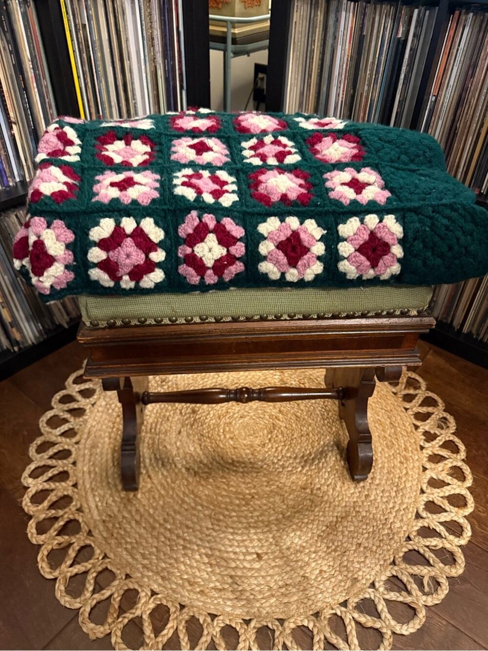 Vintage Handmade Wool Crochet Granny Square Afghan Cottage Throw Blanket 48x65